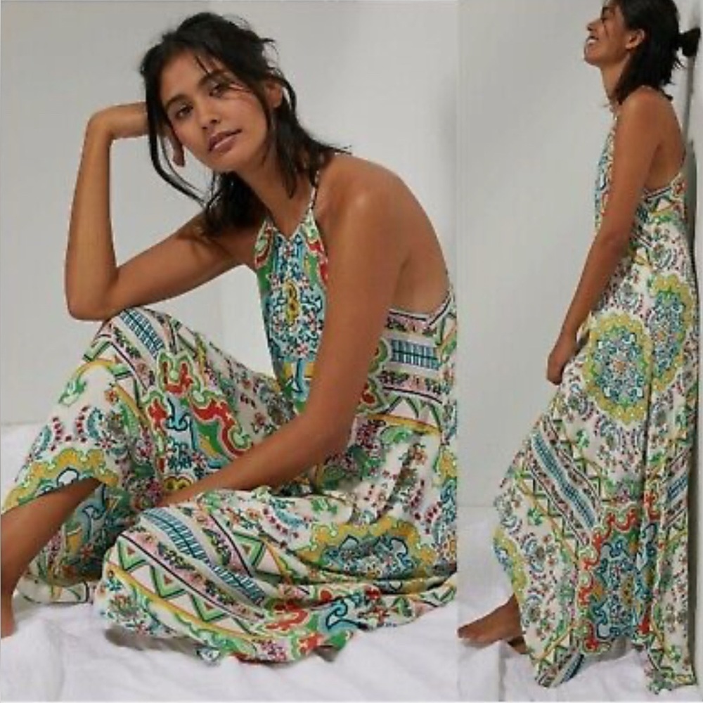 Anthropologie Ella Halter Tunic Dress Tie Neck Hankerchief Hem Maxi S/XS -ovrszd - Picture 7 of 11